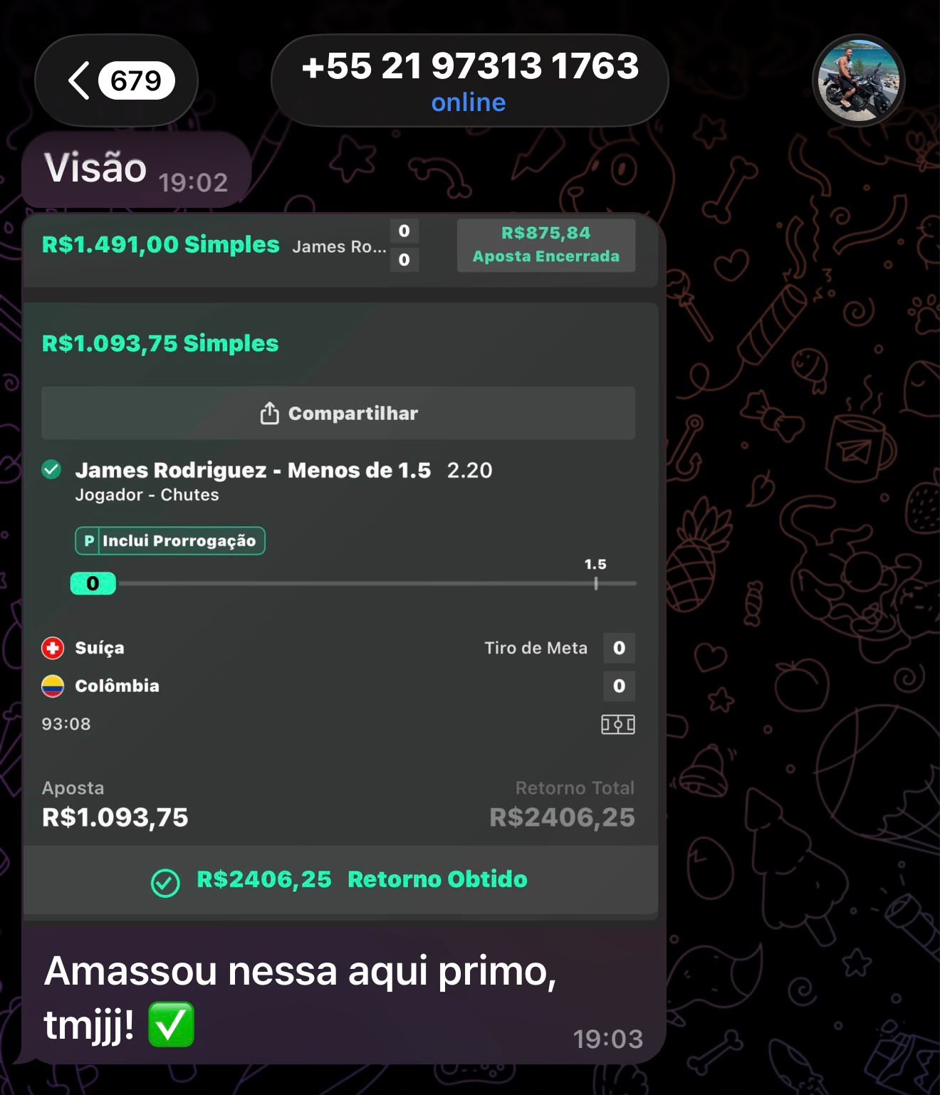 Aposta ganha R$2406,25 de retorno - James Rodriguez